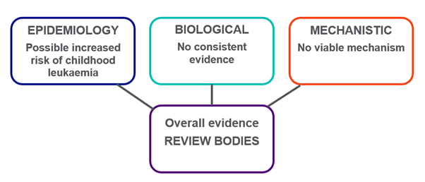 A diagram showing that epidemiology, biological and mechanistic evidence are all part of the overall body of evidence around health effects