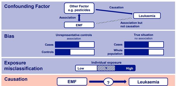 A diagram showing possible explanations for Childhood Leukeamia study results